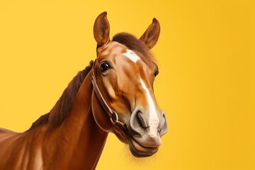 Portrait of a strong brown horse on a yellow background
