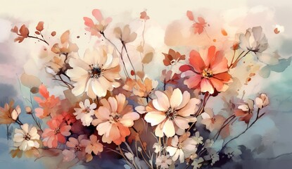 Obraz na płótnie Canvas Flowers in the style of watercolor art. Luxurious floral elements, botanical background or wallpaper design, prints and invitations, postcards. Beautiful delicate flowers Generative AI