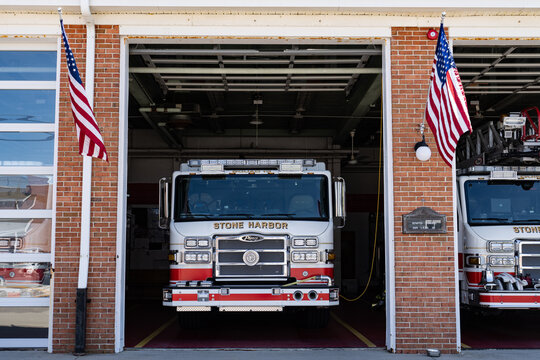 Stone Harbor, NJ - May 25, 2023: Stone Harbor fire trucks, made by Pierce,  parked in the firehouse