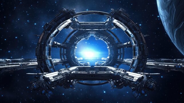 Spaceship, a plasma engine behind with a blue trail, round space gate transportation, bright stars on background. Futuristic sci-fi tech abstract illustration. Generative AI.