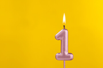 Candle 1 with flame - Birthday card on yellow luxury background
