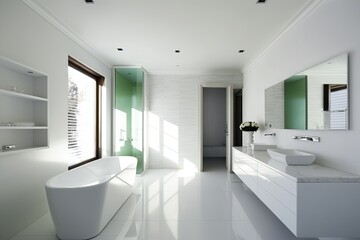 spacious and elegant white bathroom with a luxurious tub and sleek sink. Generative AI
