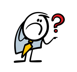 Obraz na płótnie Canvas Stickman in a business suit looks annoyingly at question mark and does not understand. Vector illustration of confused man at work.