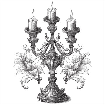 Hand Drawn Engraving Pen And Ink Candelabra With Three Arms Vintage Vector Illustration