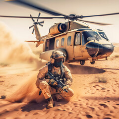Combat helicopter with special forces in the desert. AI Generative.