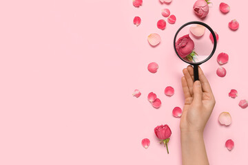 Female hand with magnifier and rose petals on pink background