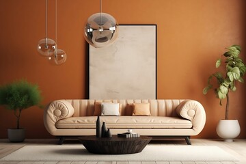 Modern living room with leather sofa and decoration in warm beige background
