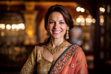 Portrait of a beautiful indian woman in traditional clothing at restaurant