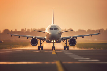 Fototapeta na wymiar Ready for departure, Airplane prepares for takeoff on airport runway Generative AI