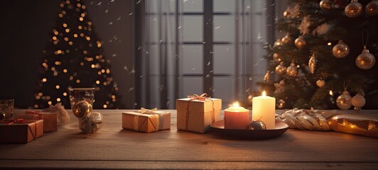 banner image of an empty wooden table in a christmas environment, with christmas tree and gifts, in winter. hot and warm lighting. ai generative