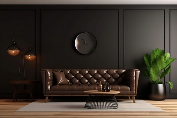 Interior living room wall mockup with leather sofa and decor on wooden wall background.3d rendering