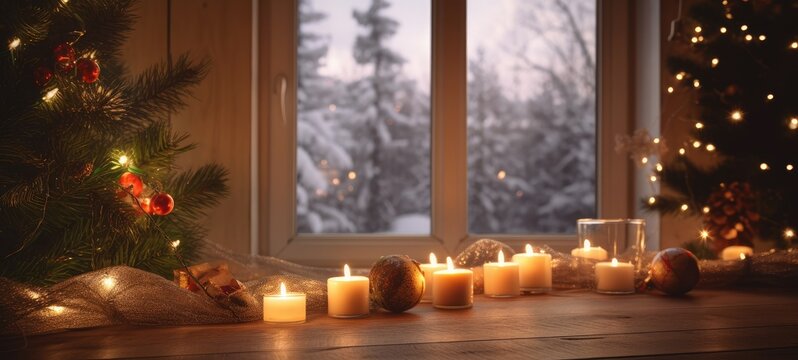 banner image of an empty wooden table in a christmas environment, with christmas tree and gifts, in winter. hot and warm lighting. ai generative