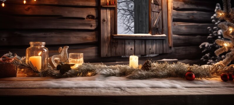 banner image of an empty wooden table in a christmas environment, with christmas tree and gifts, in winter. hot and warm lighting. ai generative