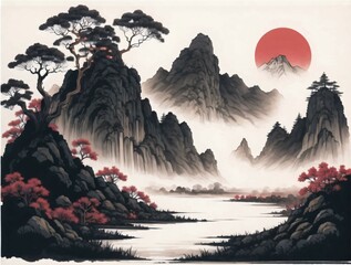 Chinese painting style landscape painting. asian traditional culture. Created with Generative AI Technology. 