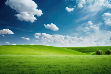Obraz premium A field of green grass with a blue sky and a white cloud. backdrop of nature and landscape. Generative AI