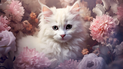 A white cat sitting in a bed of flowers. Generative AI.