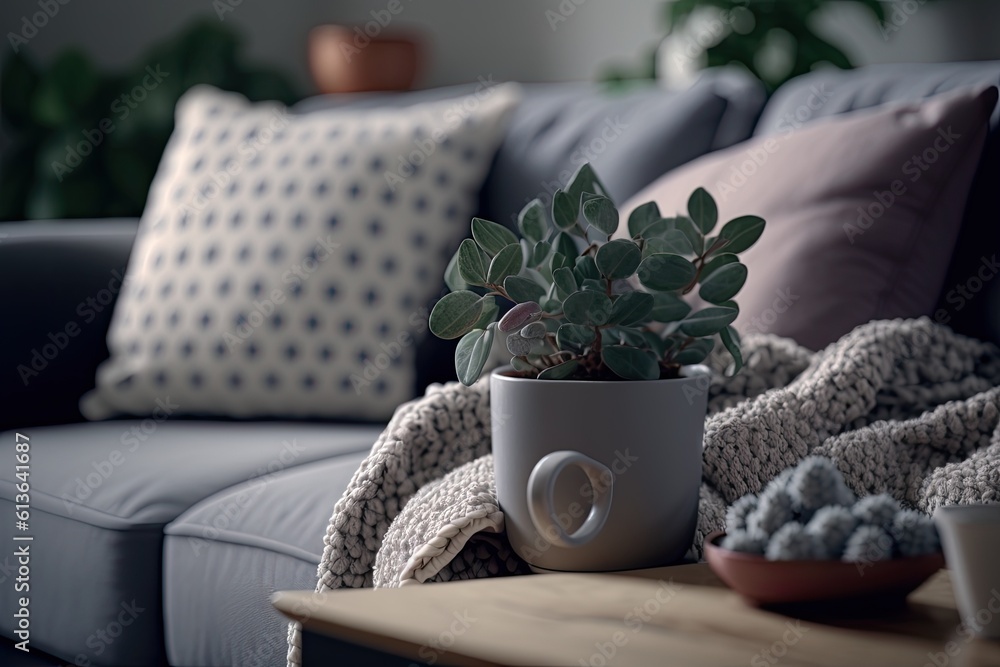 Poster plant in a pot placed on a side table next to a sofa. generative ai