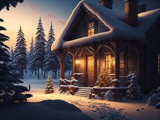 Christmas Home Background at sunset. ai generative