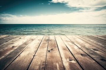 Fototapeta na wymiar Background of a vintage wooden deck, beautiful sky, and sea/summer vacation. Generative AI