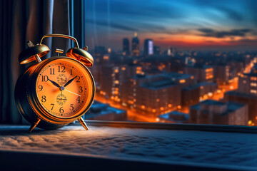 An alarm clock sitting on top of a window sill. Generative AI. Happy New Year.