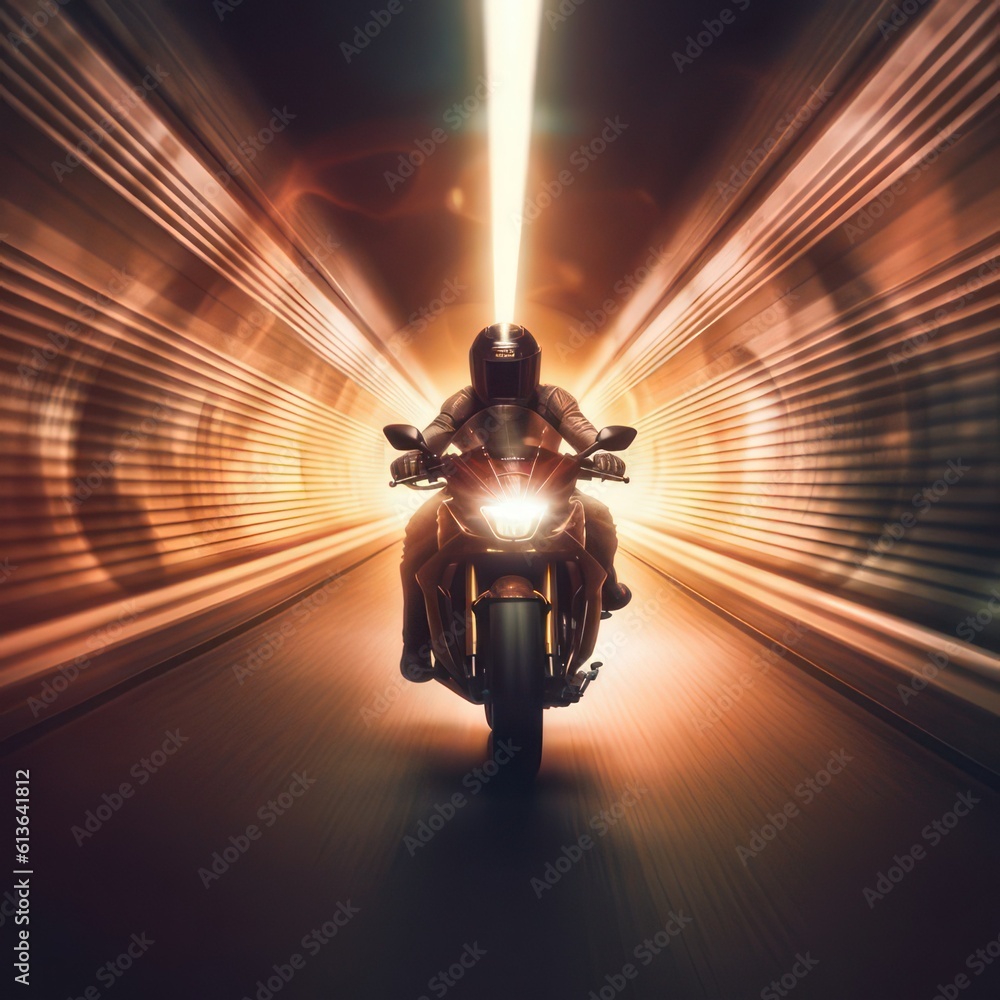 Poster motorbike speeding up in a tunnel of light created with generative ai