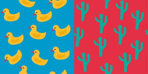 Set of seamless patterns in modern style. trendy design. Groovy. Vector stock illustration. isolated. Doodle. hand drawn. Background. Curl. cactus, duck, bird