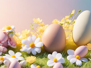 Easter background with copy space Eggs and flowers. ai generative