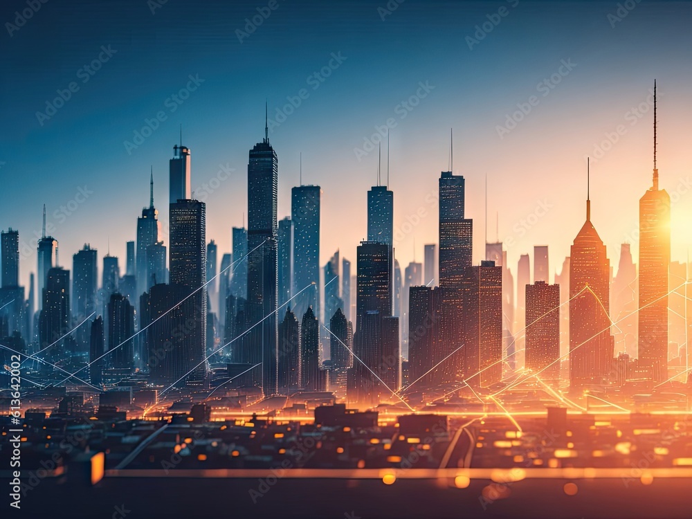 Poster skyline of city with network internet conection. ai generative