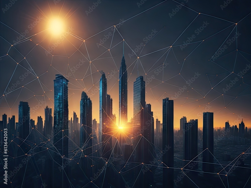 Poster skyline of city with network internet conection. ai generative