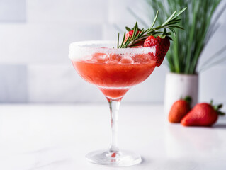 Cold summer strawberry alcohol cocktail with ice, green rosemary twig, berry slices in light modern interior. AI generative