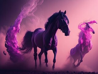 Obraz na płótnie Canvas Stylized horse in the smoke top pink light. ai generative