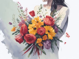watercolor Woman hands receiving gift and flowers. ai generative
