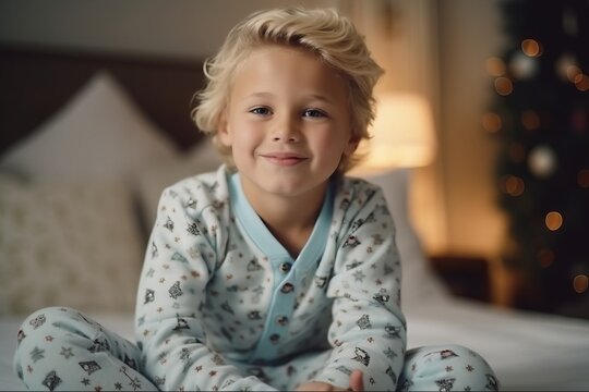 happy little boy in pajamas sitting on bed and looking at camera at home