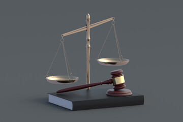 Scales of justice near gavel on book. Legal law concept. Punishment and responsibility. Constitutional rights. 3d render