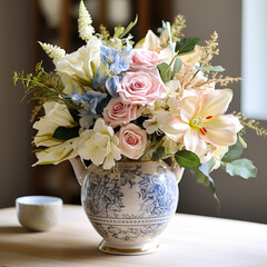 Beautiful bouquet of fresh flowers in a vintage vase, country style home decor and interior design, generative ai