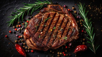 beef rib steak with chilli on black background - obrazy, fototapety, plakaty