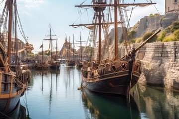 Medieval harbor view, old style sail ships and old buildings. Generative AI.