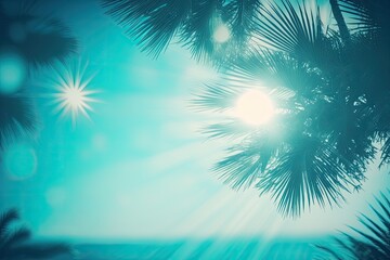 Fototapeta na wymiar Abstract blurred defocused backdrop, toned softly blue, nature of tropical summer, sun beams. Beautiful palm trees and sunrays against the sky and water. Idea for a summer vacation, copy space