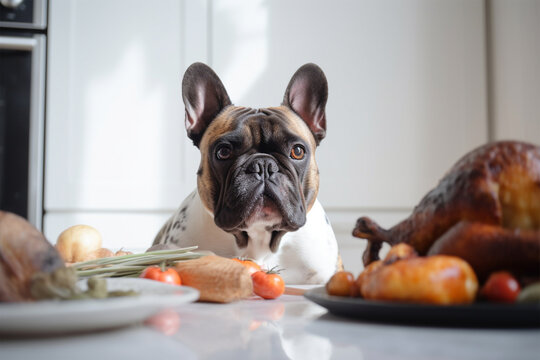 French Bulldog dog siiting in front of kitchen table with meal with roasted chicken. 