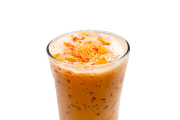 Ice Thai tea with milk on white background.