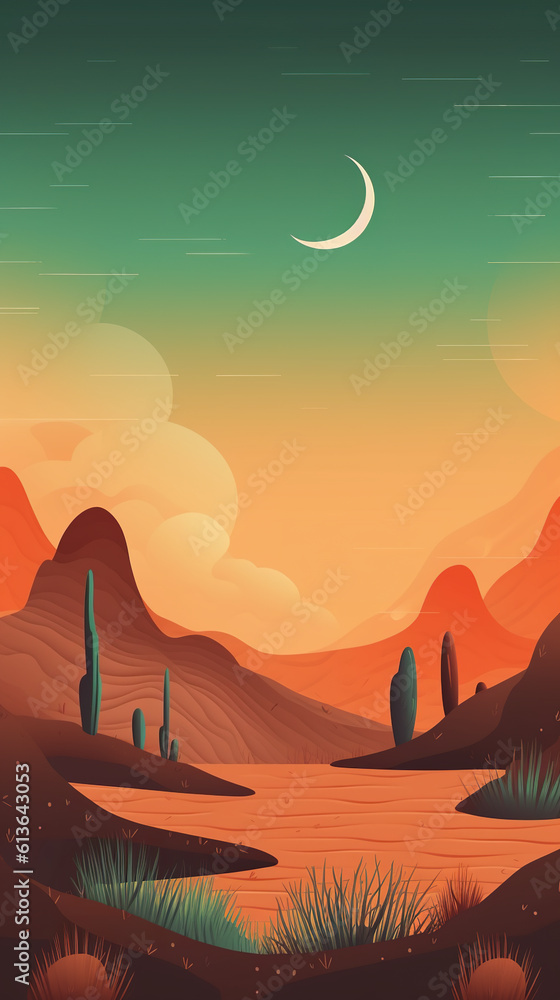 Poster a desert scene with a crescent in the sky. generative ai.