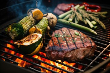 Delicious cooked meat and veggies over the flames on the grill. Generative AI