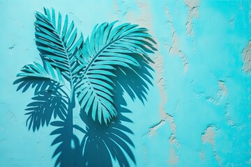 Background of cement wall with blue hue texture and empty palm shadow. used for business presentations while selling organic cosmetics online. Tropical beach in the summer with a simple design