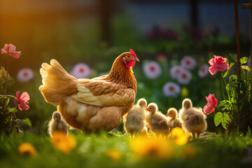 A charming scene of a mother hen protecting her adorable chicks on an ecological farm, symbolizing the nurturing environment provided for animals