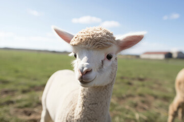 An adorable alpaca with a curious expression in a green field on an ecological farm, showcasing the unique charm and character of these gentle creatures
