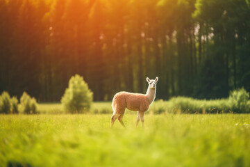 Fototapeta premium An adorable alpaca with a curious expression in a green field on an ecological farm, showcasing the unique charm and character of these gentle creatures
