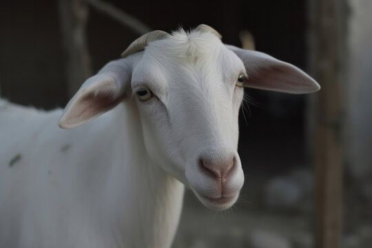 A close-up of a curious goat on an ecological farm, showcasing its expressive eyes and playful nature