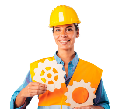 Engineer woman joins pieces of gears as concept of partnership and integration