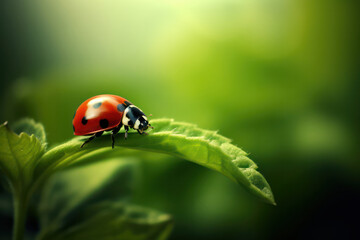A captivating close-up of a vibrant ladybug perched on a leaf on an ecological farm, representing the farm's dedication to organic and pesticide-free practices