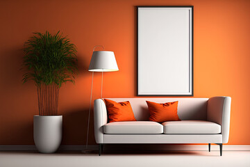 modern living room with vibrant orange wall and a cozy white sofa. Generative AI
